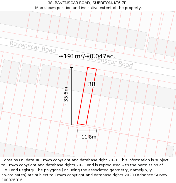 38, RAVENSCAR ROAD, SURBITON, KT6 7PL: Plot and title map