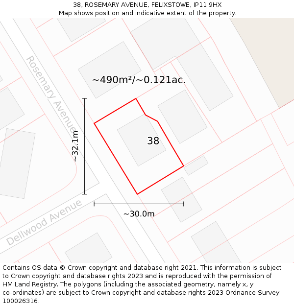38, ROSEMARY AVENUE, FELIXSTOWE, IP11 9HX: Plot and title map