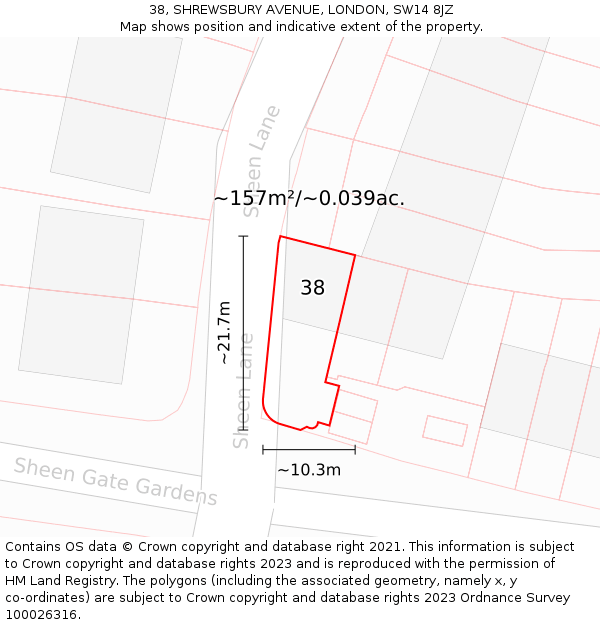 38, SHREWSBURY AVENUE, LONDON, SW14 8JZ: Plot and title map