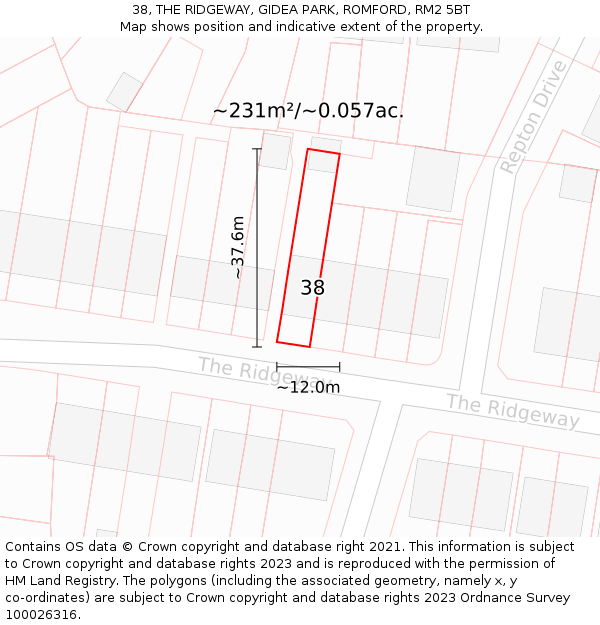 38, THE RIDGEWAY, GIDEA PARK, ROMFORD, RM2 5BT: Plot and title map