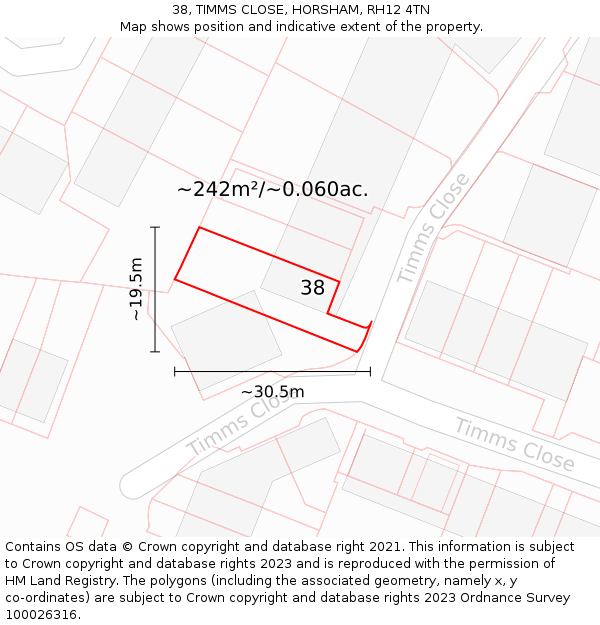 38, TIMMS CLOSE, HORSHAM, RH12 4TN: Plot and title map