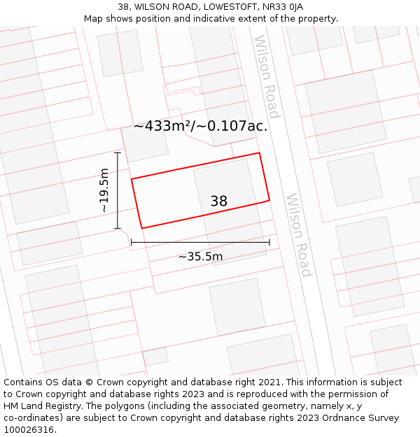 38, WILSON ROAD, LOWESTOFT, NR33 0JA: Plot and title map