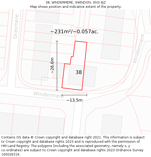 38, WINDERMERE, SWINDON, SN3 6JZ: Plot and title map