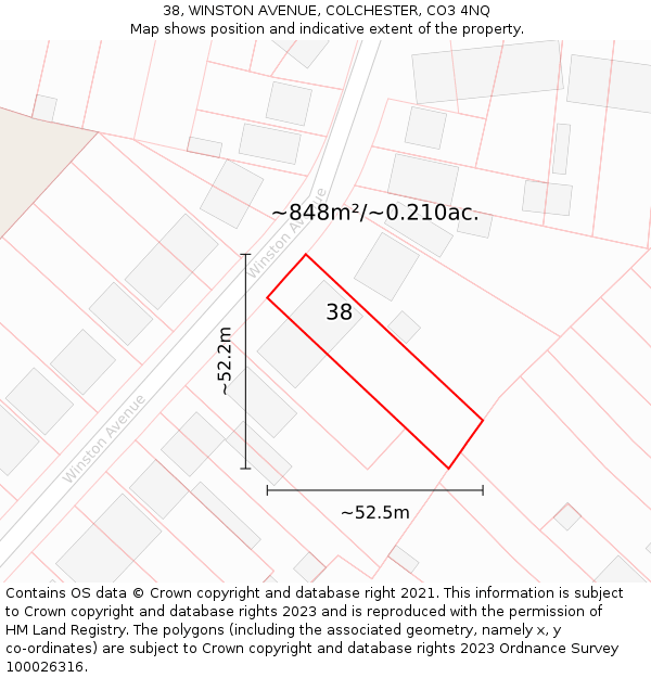 38, WINSTON AVENUE, COLCHESTER, CO3 4NQ: Plot and title map