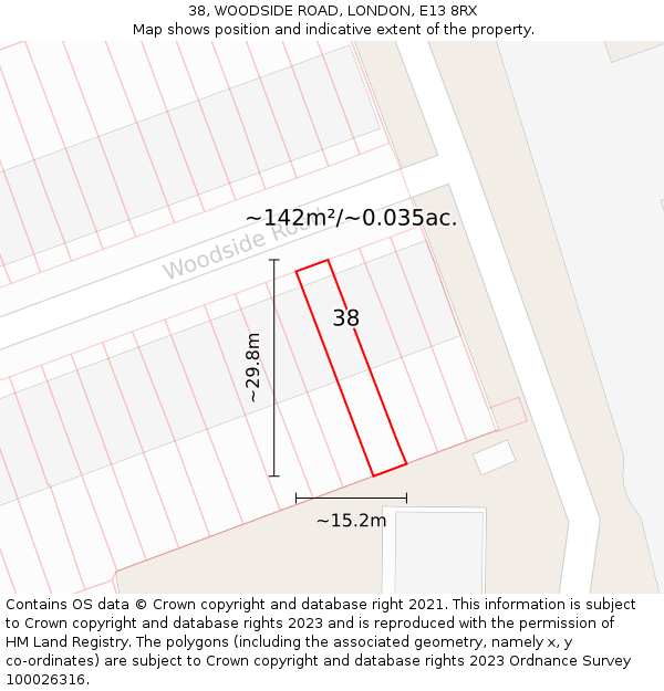38, WOODSIDE ROAD, LONDON, E13 8RX: Plot and title map