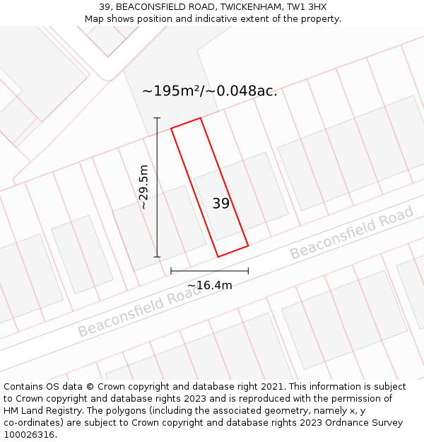 39, BEACONSFIELD ROAD, TWICKENHAM, TW1 3HX: Plot and title map