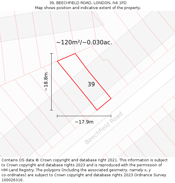 39, BEECHFIELD ROAD, LONDON, N4 1PD: Plot and title map