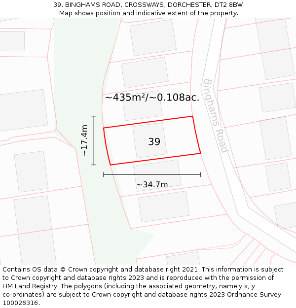 39, BINGHAMS ROAD, CROSSWAYS, DORCHESTER, DT2 8BW: Plot and title map