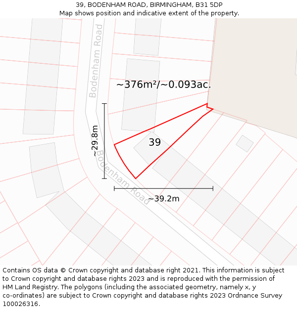 39, BODENHAM ROAD, BIRMINGHAM, B31 5DP: Plot and title map