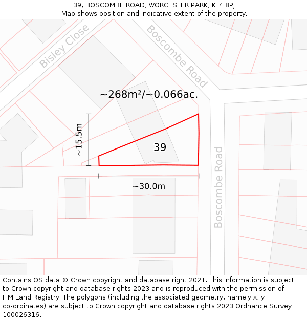39, BOSCOMBE ROAD, WORCESTER PARK, KT4 8PJ: Plot and title map