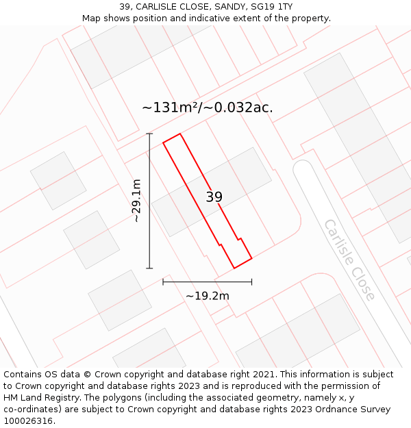 39, CARLISLE CLOSE, SANDY, SG19 1TY: Plot and title map