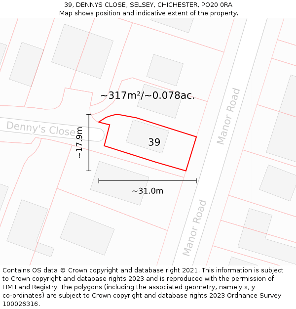 39, DENNYS CLOSE, SELSEY, CHICHESTER, PO20 0RA: Plot and title map
