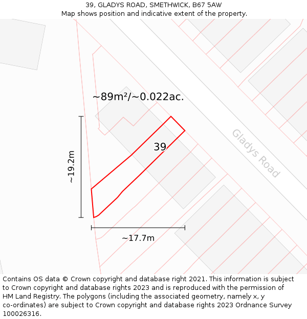 39, GLADYS ROAD, SMETHWICK, B67 5AW: Plot and title map