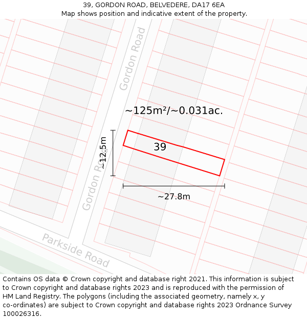 39, GORDON ROAD, BELVEDERE, DA17 6EA: Plot and title map