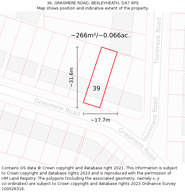 39, GRASMERE ROAD, BEXLEYHEATH, DA7 6PS: Plot and title map
