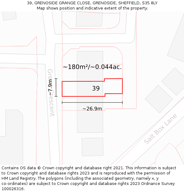 39, GRENOSIDE GRANGE CLOSE, GRENOSIDE, SHEFFIELD, S35 8LY: Plot and title map