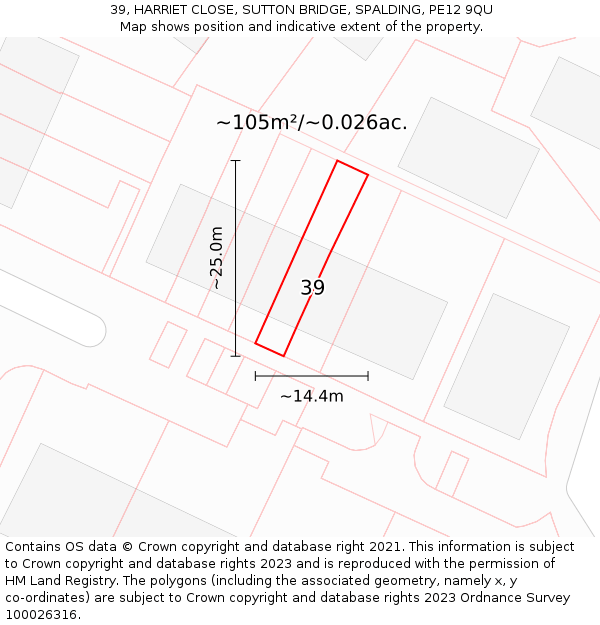 39, HARRIET CLOSE, SUTTON BRIDGE, SPALDING, PE12 9QU: Plot and title map