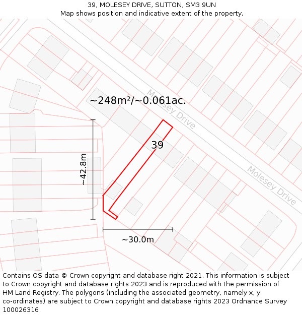 39, MOLESEY DRIVE, SUTTON, SM3 9UN: Plot and title map