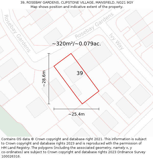 39, ROSEBAY GARDENS, CLIPSTONE VILLAGE, MANSFIELD, NG21 9GY: Plot and title map
