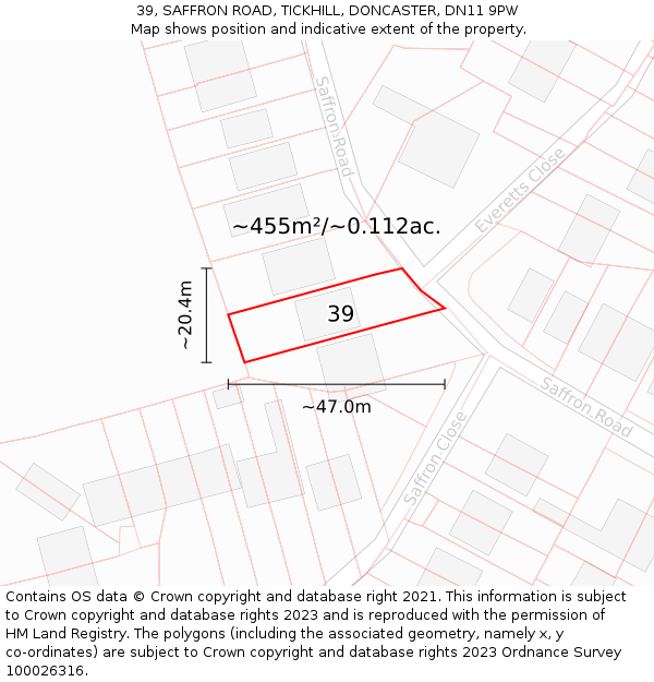 39, SAFFRON ROAD, TICKHILL, DONCASTER, DN11 9PW: Plot and title map
