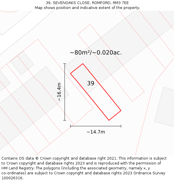 39, SEVENOAKS CLOSE, ROMFORD, RM3 7EE: Plot and title map