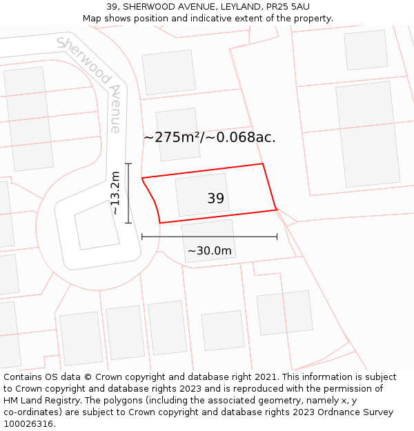 39, SHERWOOD AVENUE, LEYLAND, PR25 5AU: Plot and title map