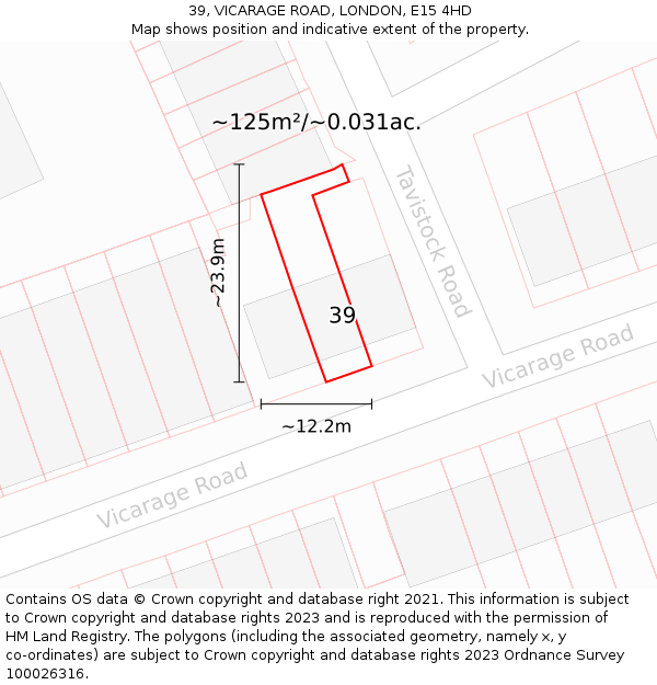 39, VICARAGE ROAD, LONDON, E15 4HD: Plot and title map