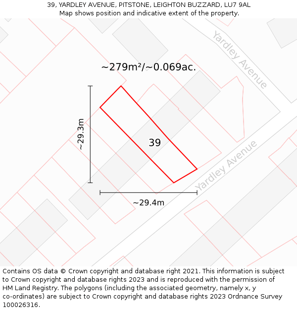39, YARDLEY AVENUE, PITSTONE, LEIGHTON BUZZARD, LU7 9AL: Plot and title map