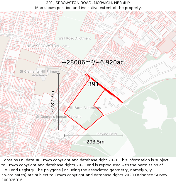 391, SPROWSTON ROAD, NORWICH, NR3 4HY: Plot and title map
