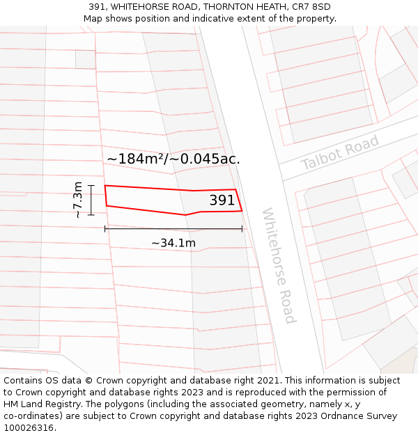 391, WHITEHORSE ROAD, THORNTON HEATH, CR7 8SD: Plot and title map