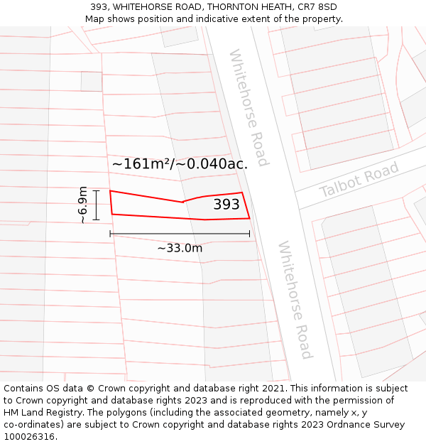 393, WHITEHORSE ROAD, THORNTON HEATH, CR7 8SD: Plot and title map