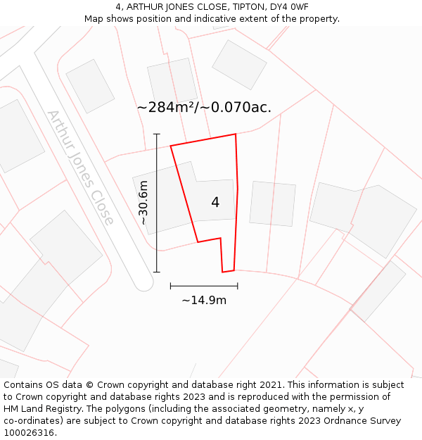 4, ARTHUR JONES CLOSE, TIPTON, DY4 0WF: Plot and title map