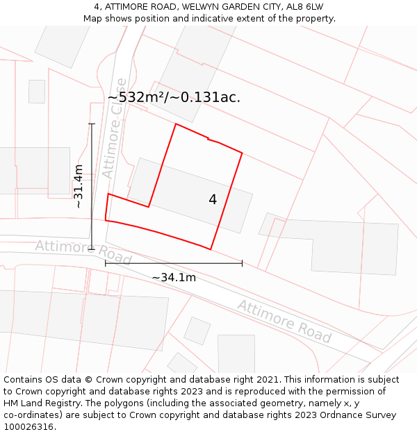 4, ATTIMORE ROAD, WELWYN GARDEN CITY, AL8 6LW: Plot and title map