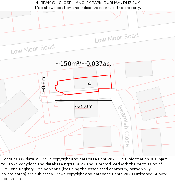 4, BEAMISH CLOSE, LANGLEY PARK, DURHAM, DH7 9UY: Plot and title map