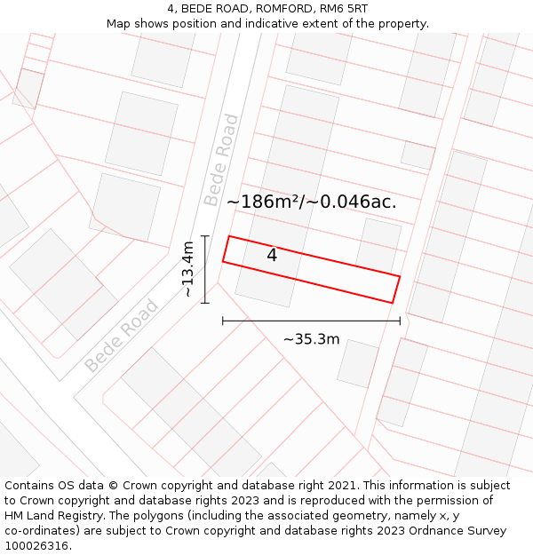 4, BEDE ROAD, ROMFORD, RM6 5RT: Plot and title map