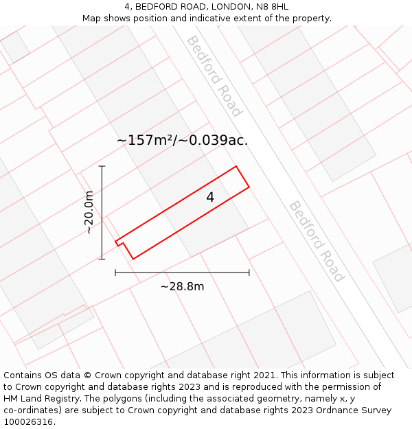 4, BEDFORD ROAD, LONDON, N8 8HL: Plot and title map