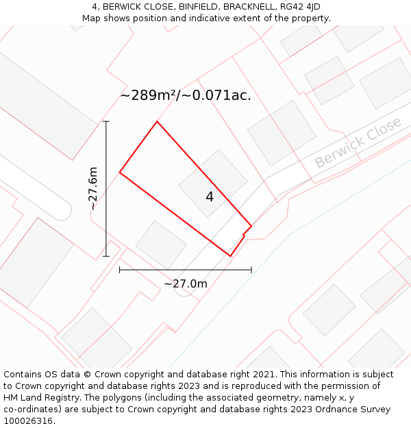 4, BERWICK CLOSE, BINFIELD, BRACKNELL, RG42 4JD: Plot and title map