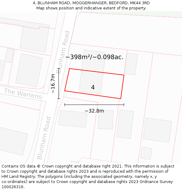 4, BLUNHAM ROAD, MOGGERHANGER, BEDFORD, MK44 3RD: Plot and title map