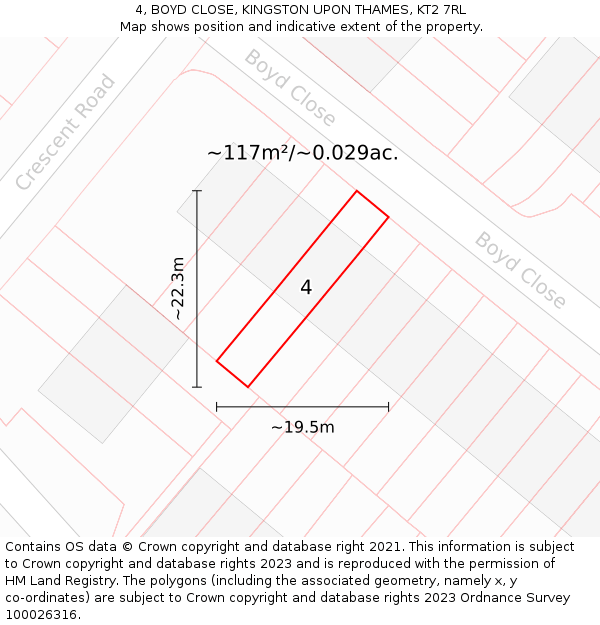 4, BOYD CLOSE, KINGSTON UPON THAMES, KT2 7RL: Plot and title map