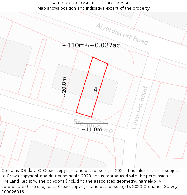 4, BRECON CLOSE, BIDEFORD, EX39 4DD: Plot and title map