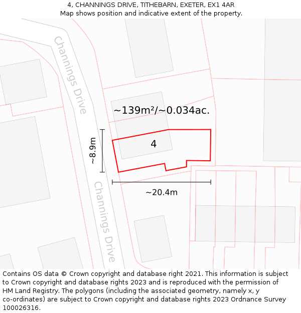 4, CHANNINGS DRIVE, TITHEBARN, EXETER, EX1 4AR: Plot and title map