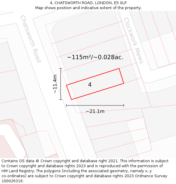 4, CHATSWORTH ROAD, LONDON, E5 0LP: Plot and title map