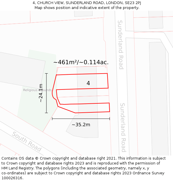 4, CHURCH VIEW, SUNDERLAND ROAD, LONDON, SE23 2PJ: Plot and title map