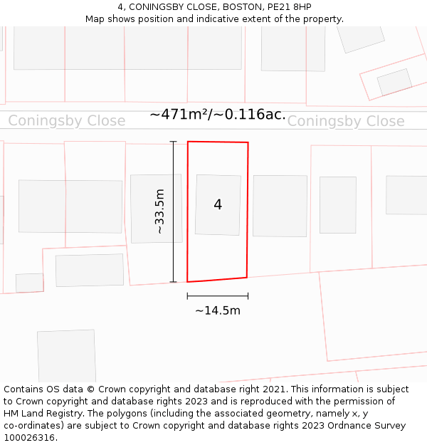 4, CONINGSBY CLOSE, BOSTON, PE21 8HP: Plot and title map