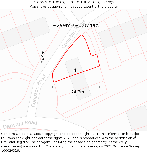 4, CONISTON ROAD, LEIGHTON BUZZARD, LU7 2QY: Plot and title map