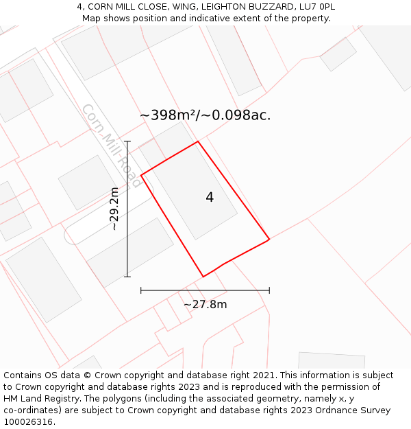 4, CORN MILL CLOSE, WING, LEIGHTON BUZZARD, LU7 0PL: Plot and title map