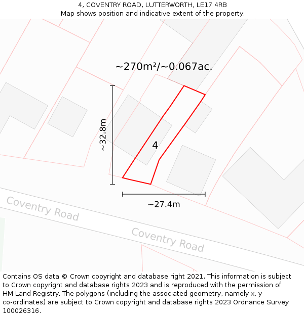 4, COVENTRY ROAD, LUTTERWORTH, LE17 4RB: Plot and title map
