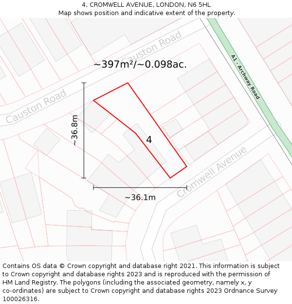 4, CROMWELL AVENUE, LONDON, N6 5HL: Plot and title map