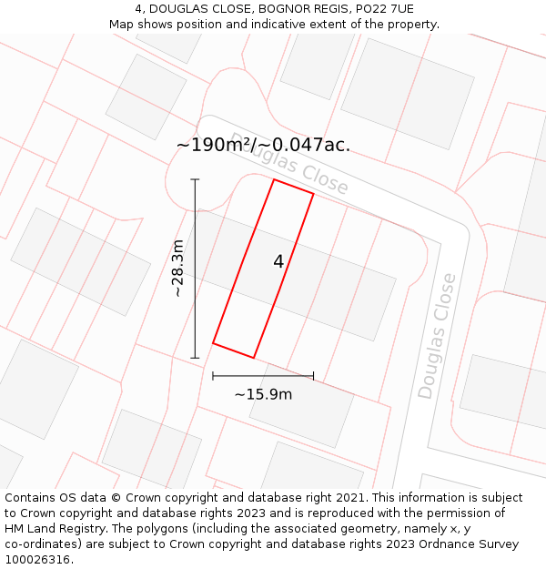 4, DOUGLAS CLOSE, BOGNOR REGIS, PO22 7UE: Plot and title map