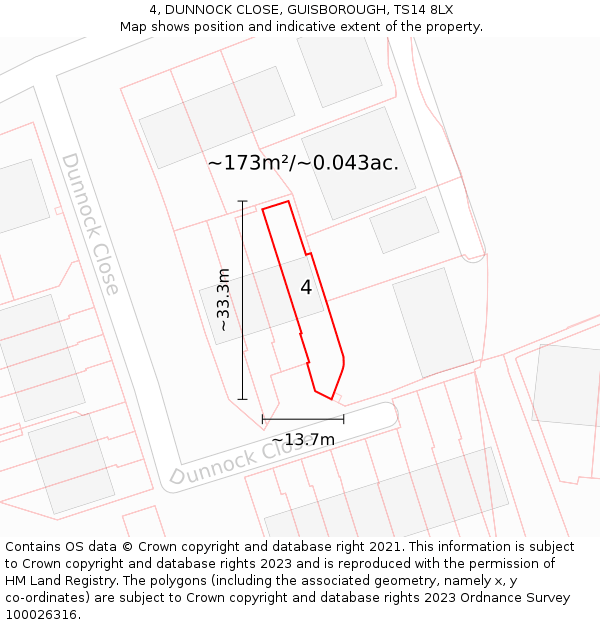 4, DUNNOCK CLOSE, GUISBOROUGH, TS14 8LX: Plot and title map